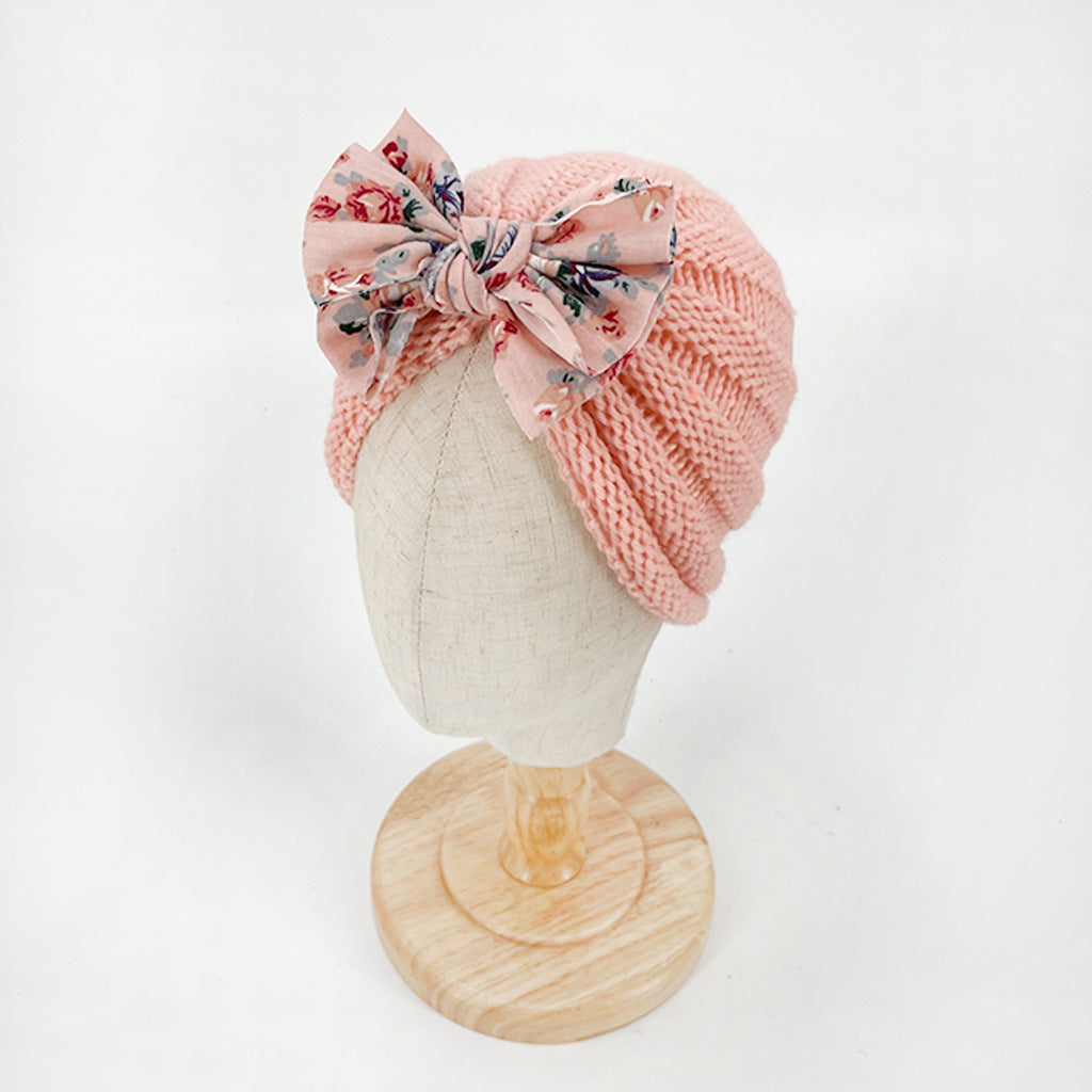 Imported 1 Pc Baby Kids Warm Winter Baby Turban Cap Knitted Hat Mix Colored Bow 3D Children Woolen Hat for 0-3 Years