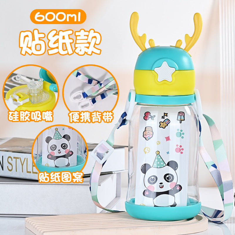 Imported 600ml Kids Cartoon Sippy Cup Cute Stylish Bottle with Leak-Proof Straw and Adjustable Strap