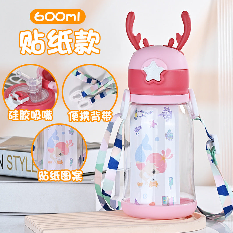 Imported 600ml Kids Cartoon Sippy Cup Cute Stylish Bottle with Leak-Proof Straw and Adjustable Strap
