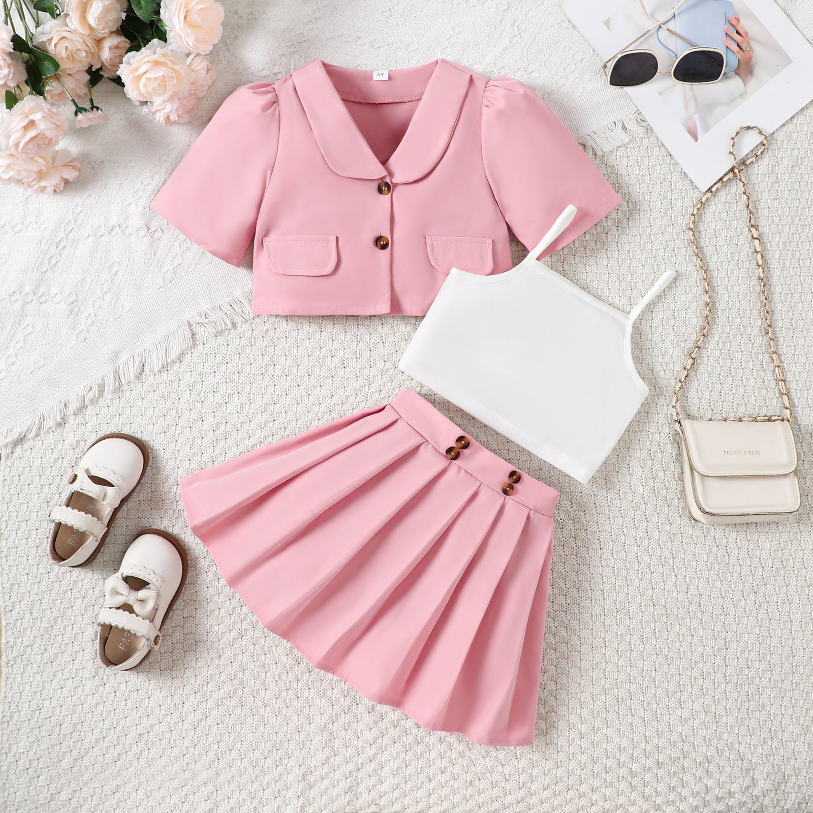 Imported Girls 3-Piece Dress Set | Crop Top, Pleated Skirt & Lapel Blazer (3–5 Years)