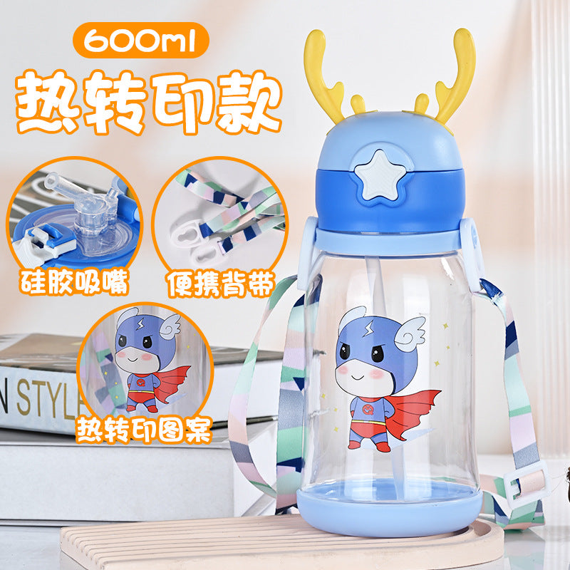 Imported 600ml Kids Cartoon Sippy Cup Cute Stylish Bottle with Leak-Proof Straw and Adjustable Strap