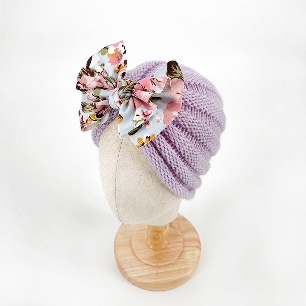 Imported 1 Pc Baby Kids Warm Winter Baby Turban Cap Knitted Hat Mix Colored Bow 3D Children Woolen Hat for 0-3 Years