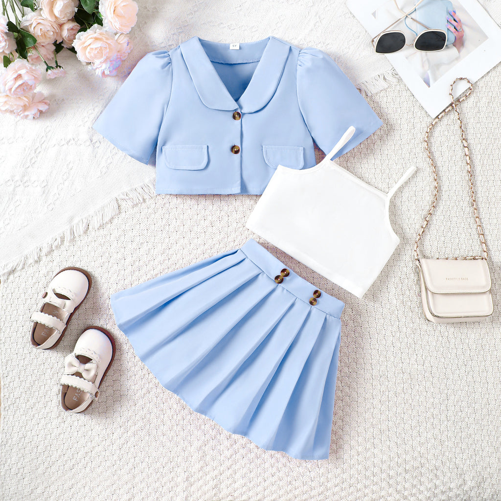 Imported Girls 3-Piece Dress Set | Crop Top, Pleated Skirt & Lapel Blazer (3–5 Years)