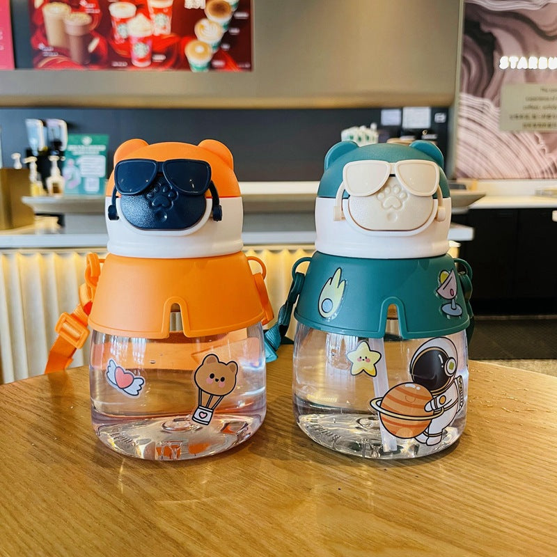 Imported 550ml Kids Cartoon Sippy Cup Cute Paw Celebrity Glasses Style Bottle with Leak-Proof Straw and Adjustable Strap