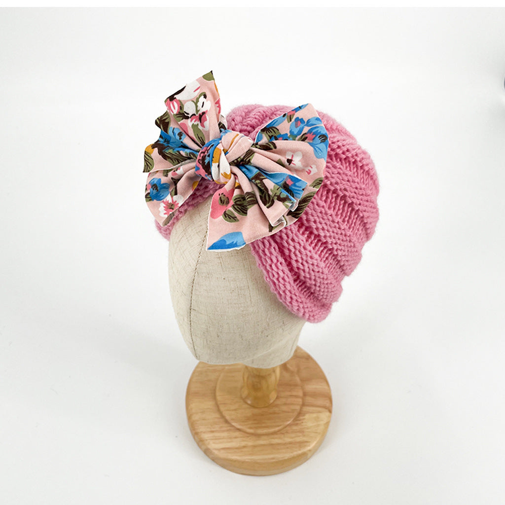 Imported 1 Pc Baby Kids Warm Winter Baby Turban Cap Knitted Hat Mix Colored Bow 3D Children Woolen Hat for 0-3 Years