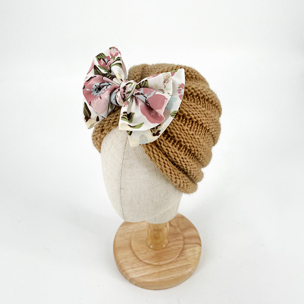 Imported 1 Pc Baby Kids Warm Winter Baby Turban Cap Knitted Hat Mix Colored Bow 3D Children Woolen Hat for 0-3 Years