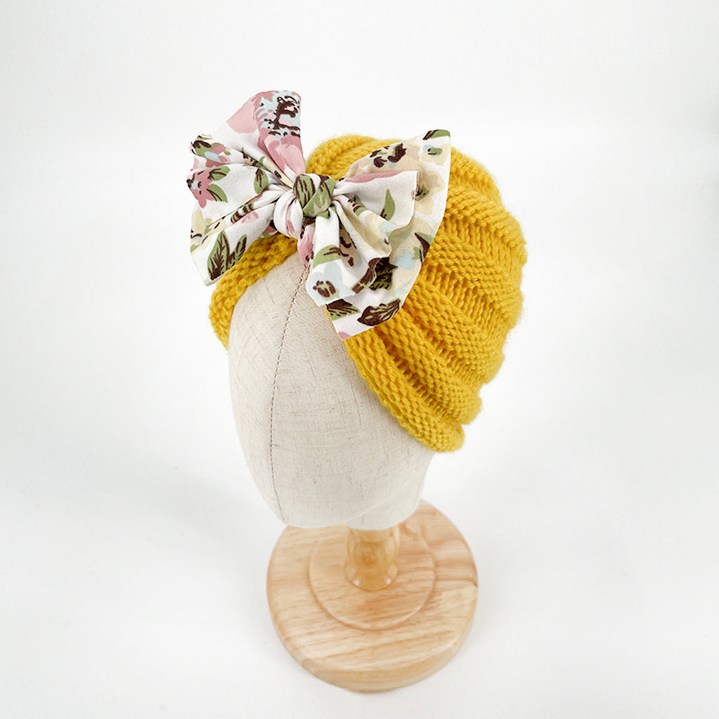 Imported 1 Pc Baby Kids Warm Winter Baby Turban Cap Knitted Hat Mix Colored Bow 3D Children Woolen Hat for 0-3 Years