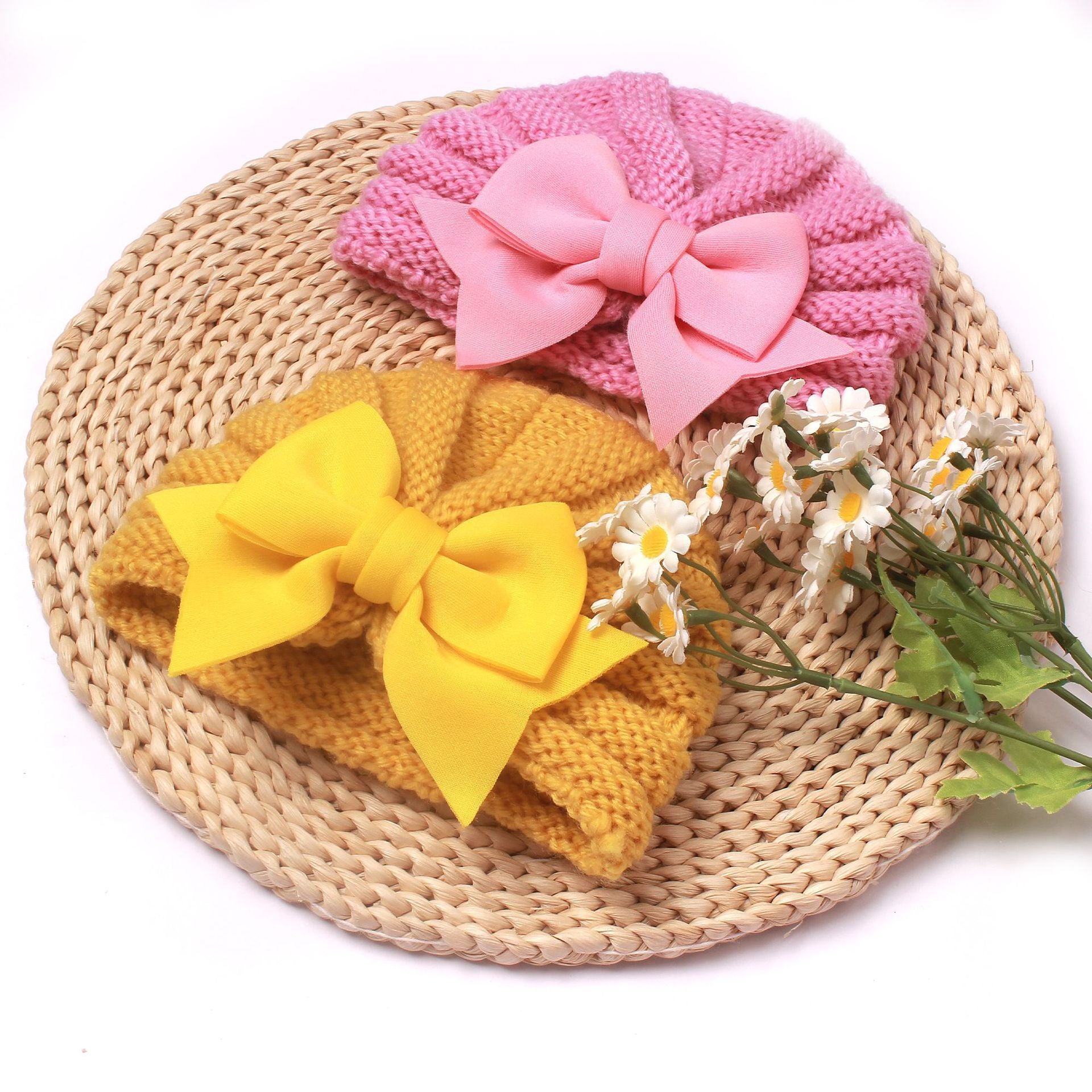 Imported 1 Pc Baby Kids Warm Winter Baby Turban Cap Knitted Hat One Colored Bow 3D Children Woolen Hat for 0-3 Years