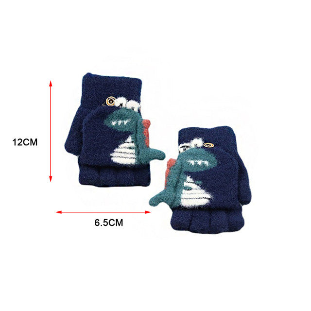 Imported Winter Baby Kids Soft Rabbit Wool Gloves Cartoon Cute Dinosaur Pattern Flip Cover Gloves for 1-5 Years
