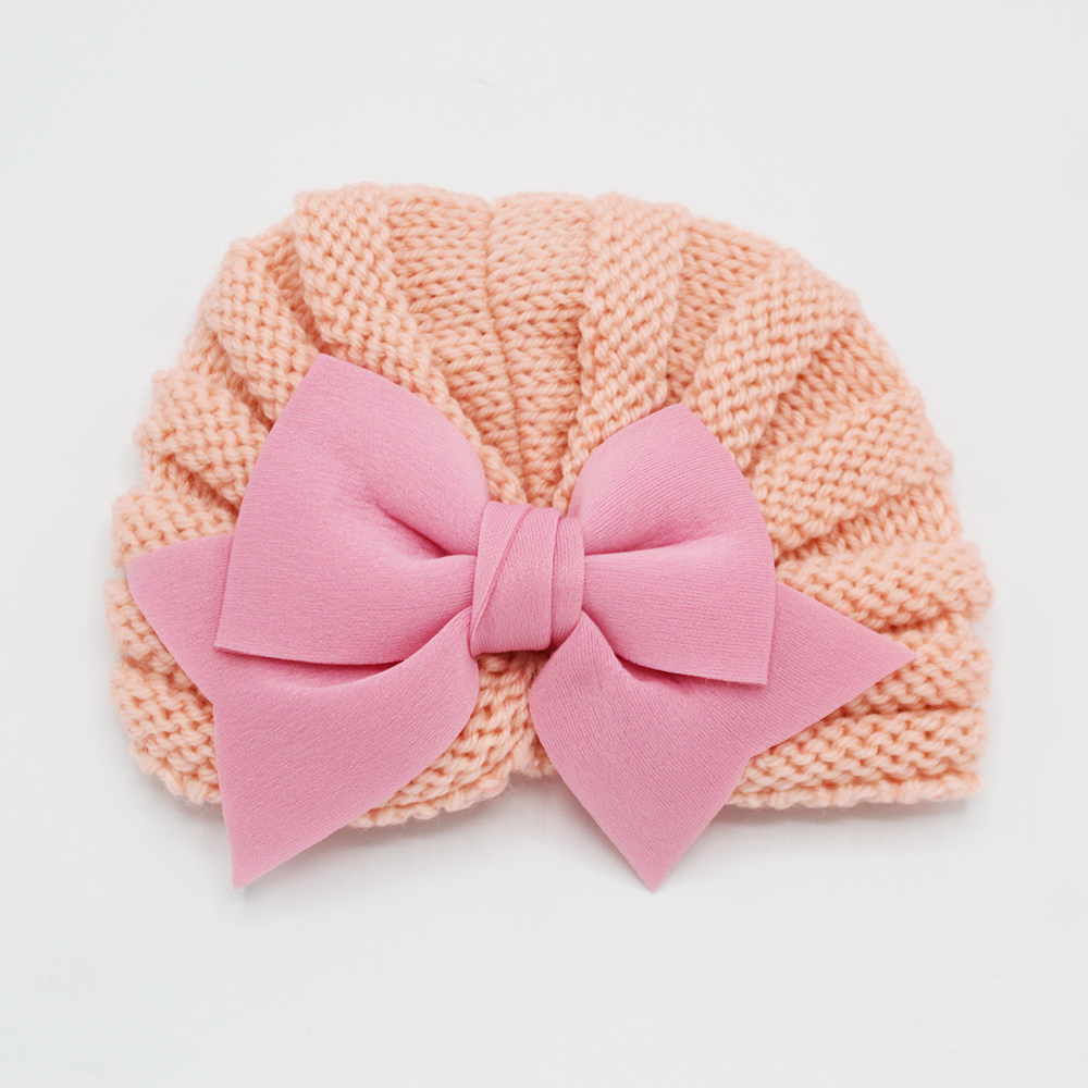 Imported 1 Pc Baby Kids Warm Winter Baby Turban Cap Knitted Hat One Colored Bow 3D Children Woolen Hat for 0-3 Years