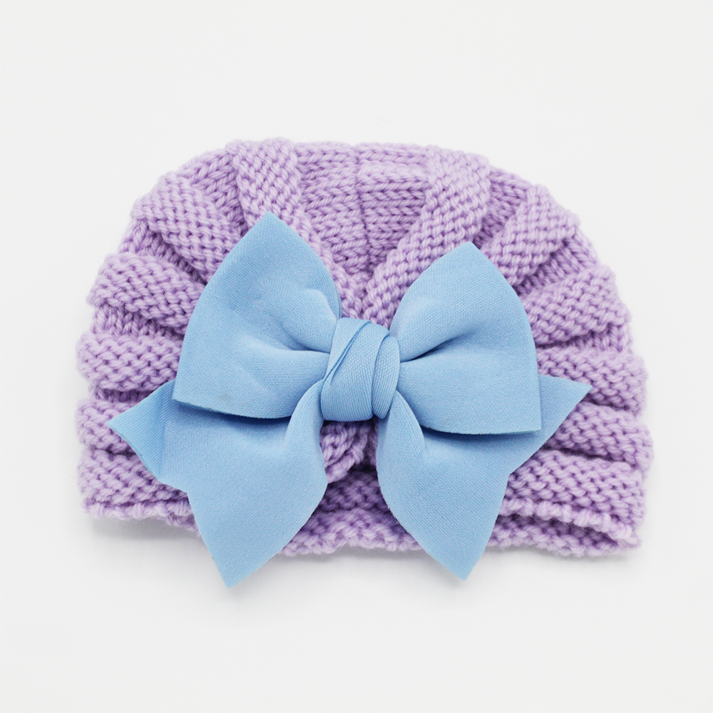 Imported 1 Pc Baby Kids Warm Winter Baby Turban Cap Knitted Hat One Colored Bow 3D Children Woolen Hat for 0-3 Years