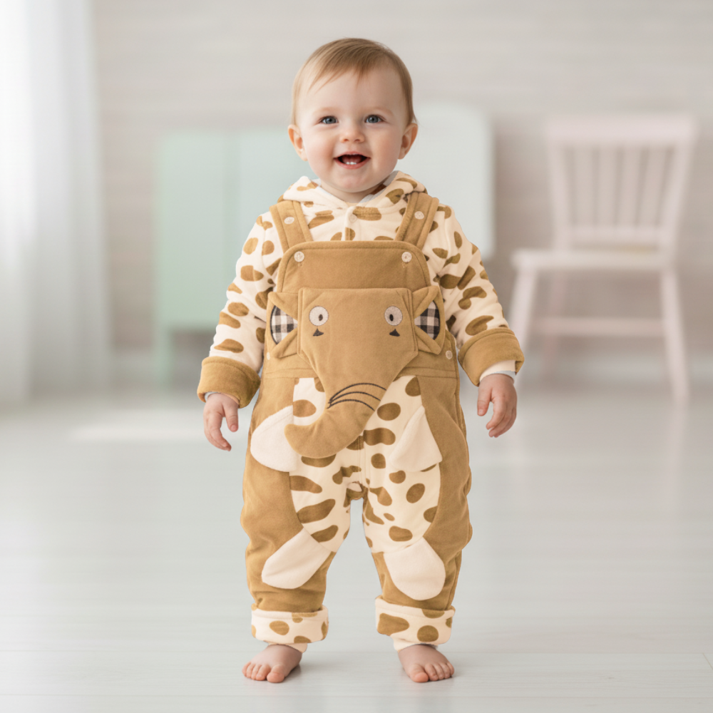 Baby Kids Imported Winter Velvet 3D Elephant Character Hooded Dungaree Romper for 6 Months - 2.5 Years