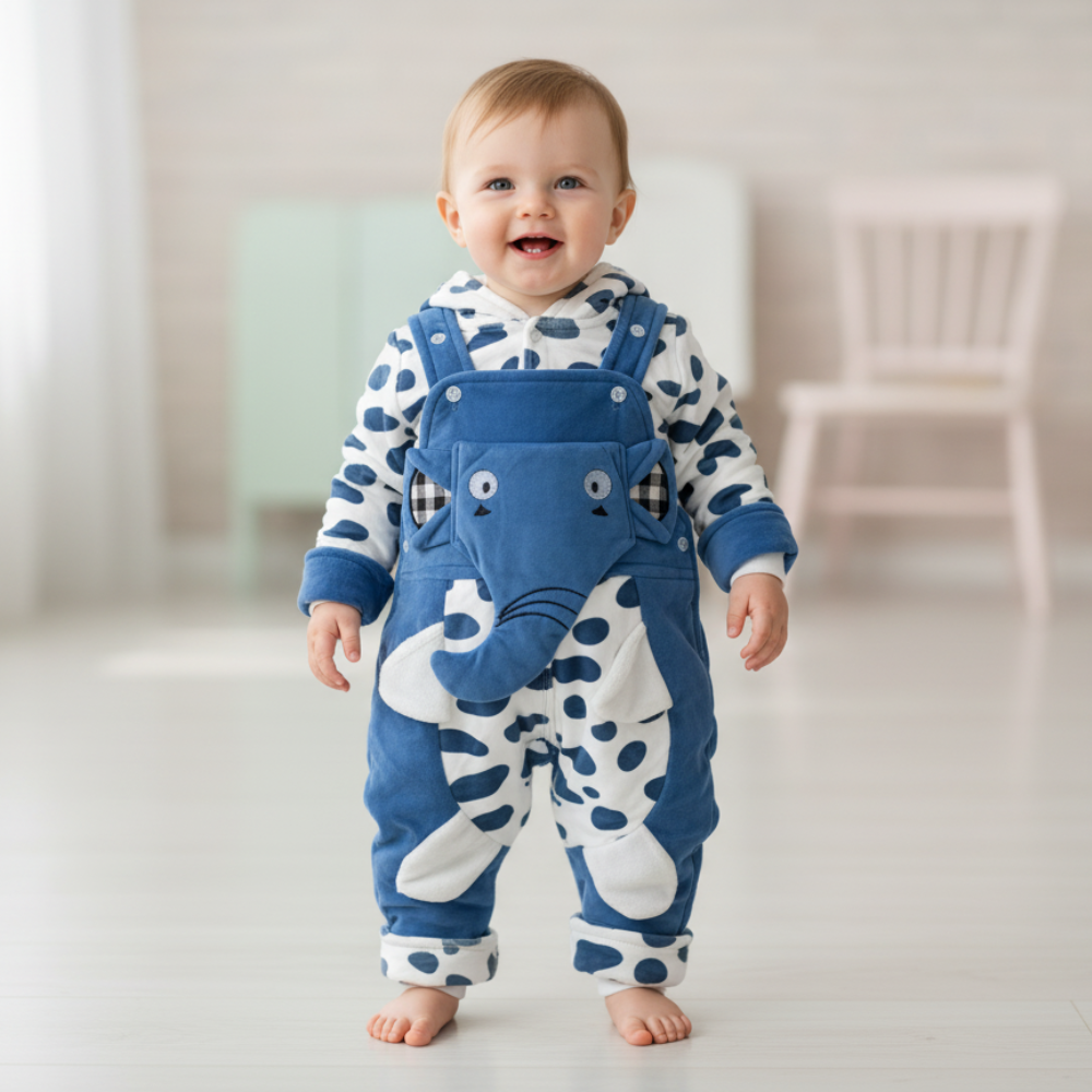 Baby Kids Imported Winter Velvet 3D Elephant Character Hooded Dungaree Romper for 6 Months - 2.5 Years