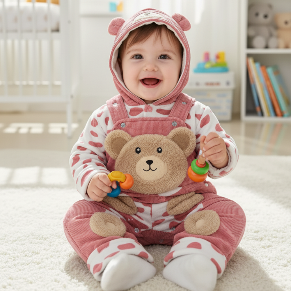 Baby Kids Imported Winter Velvet 3D Cute Bear Character Hooded Dungaree Romper for 6 Months - 2.5 Years