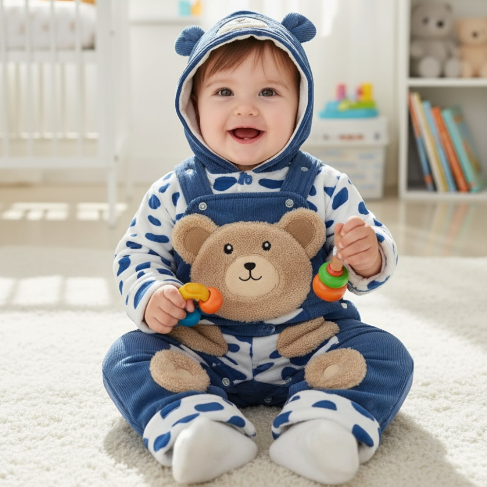 Baby Kids Imported Winter Velvet 3D Cute Bear Character Hooded Dungaree Romper for 6 Months - 2.5 Years