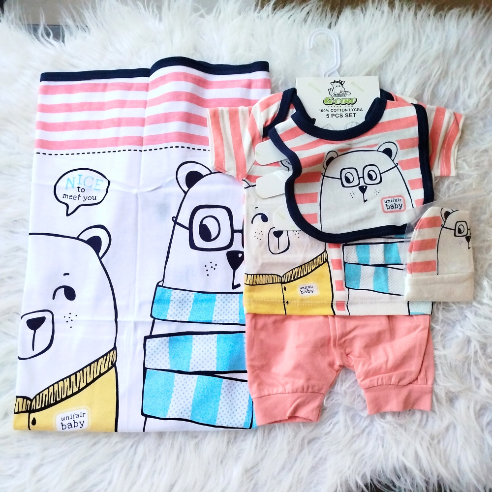 Newborn Baby Cute Bear 5 Pcs Summer Cotton Stuff Starter Set for 0-3 Months