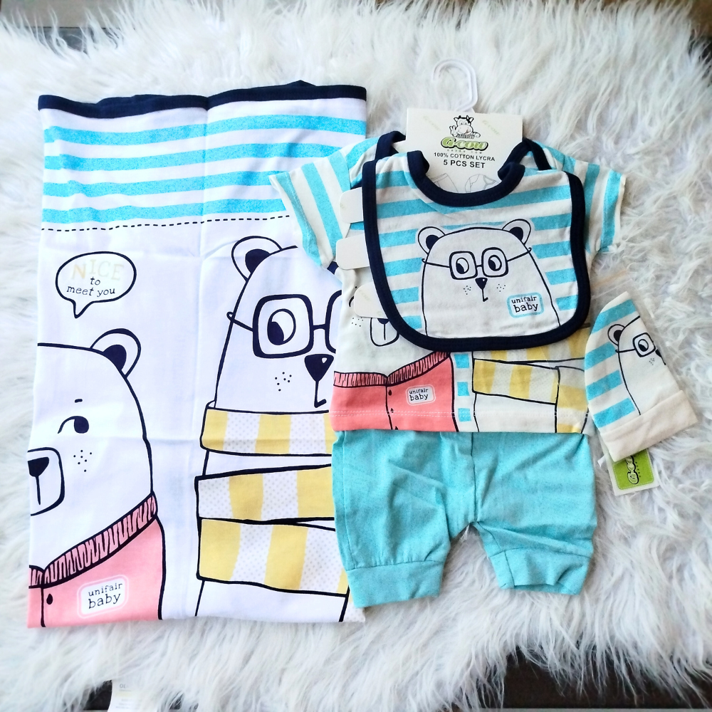Newborn Baby Cute Bear 5 Pcs Summer Cotton Stuff Starter Set for 0-3 Months