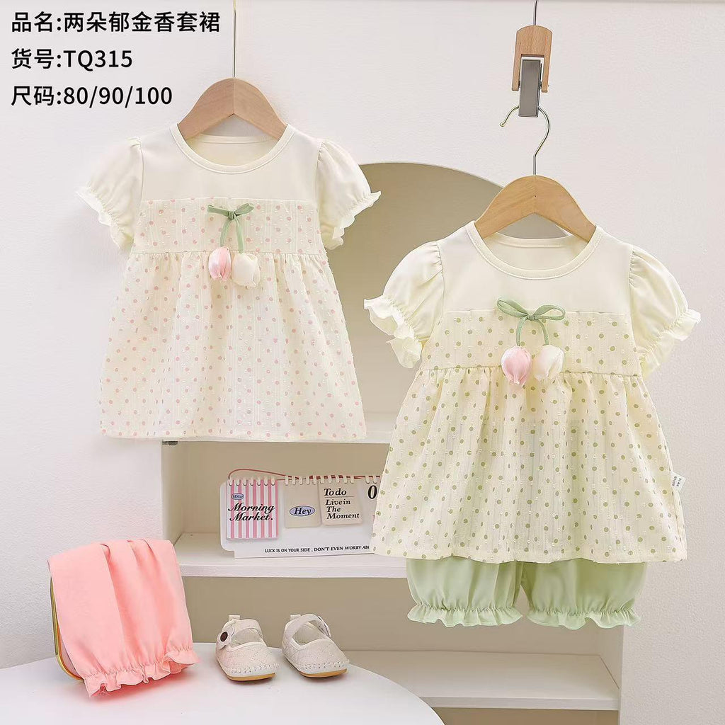 Imported Baby Girl 3D Bow Flower Fly Sleeves Frock Dress with Elastic Nekker Shorts for 6-24 Months