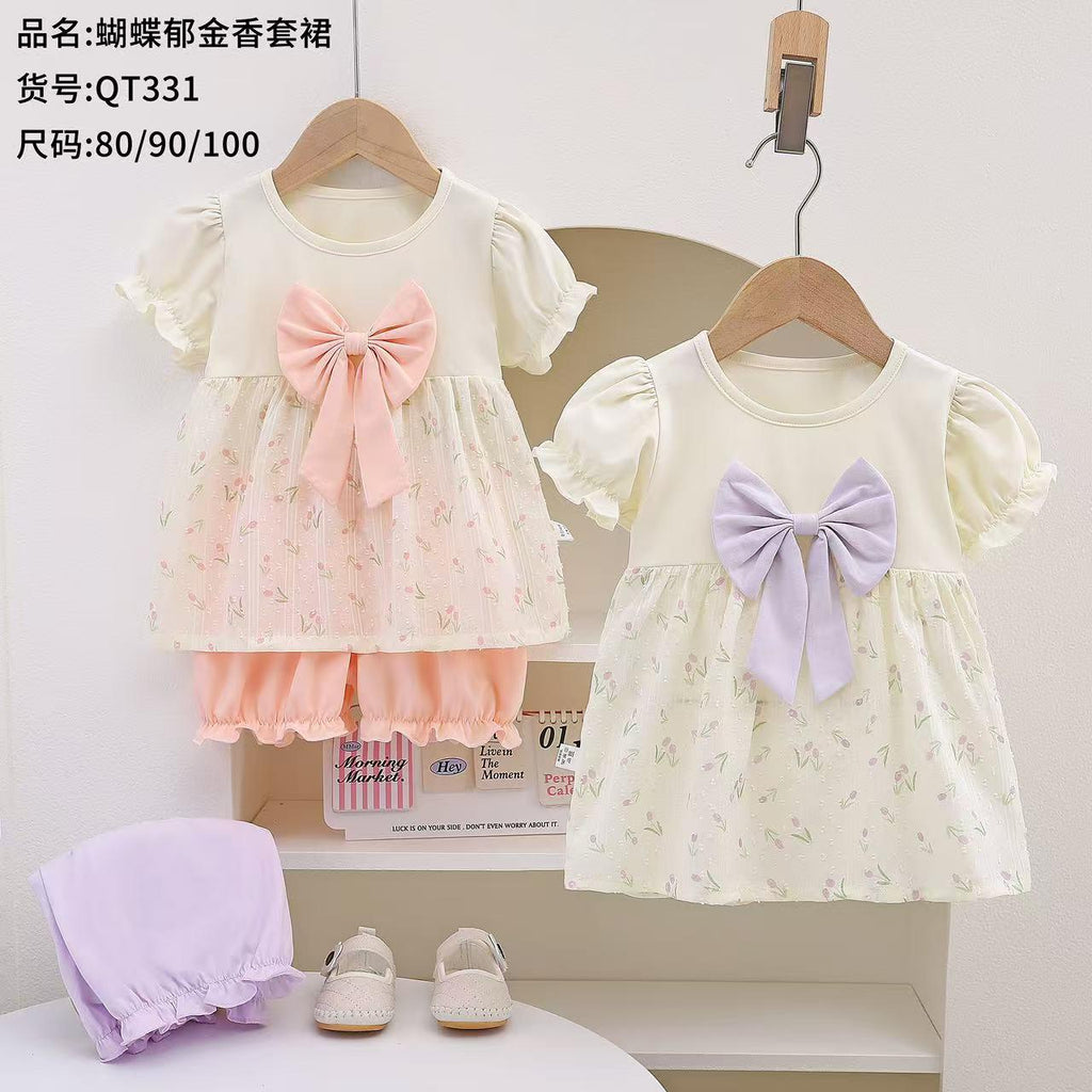 Imported Baby Girl 3D Bow Flower Fly Sleeves Frock Dress with Elastic Nekker Shorts for 6-24 Months