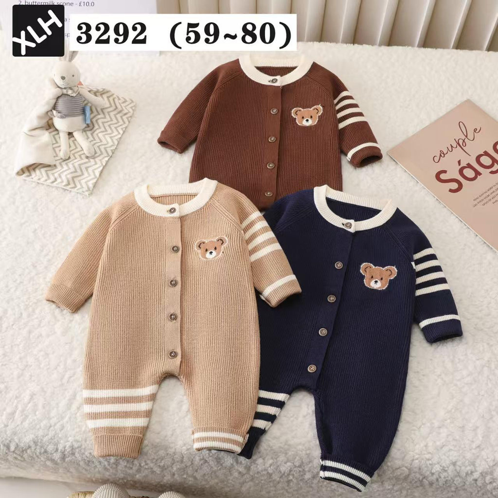 Imported Baby 3D Bear Ribbed Winter Romper | Soft Rabbit Wool Warm Suit (0–12 Months)