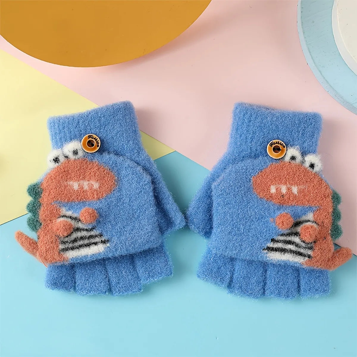 Imported Winter Baby Kids Soft Rabbit Wool Gloves Cartoon Cute Dinosaur Pattern Flip Cover Gloves for 1-5 Years