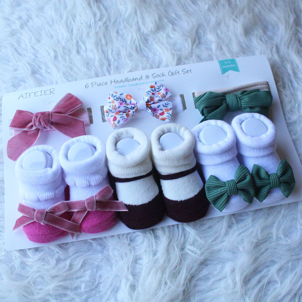 Imported Baby Girl 6 Piece Headband and Socks Booties Gift Set for 0-9 Months
