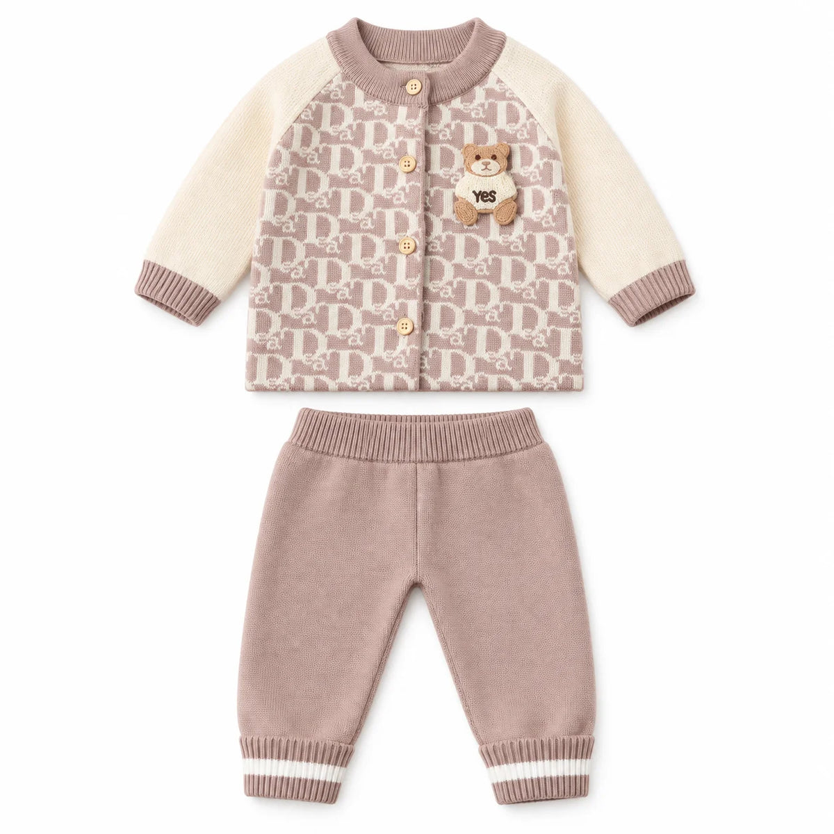 Imported Baby 3D Bear Winter Dress in Dusty Pink with Shirt and Trousers for 6-24 Months