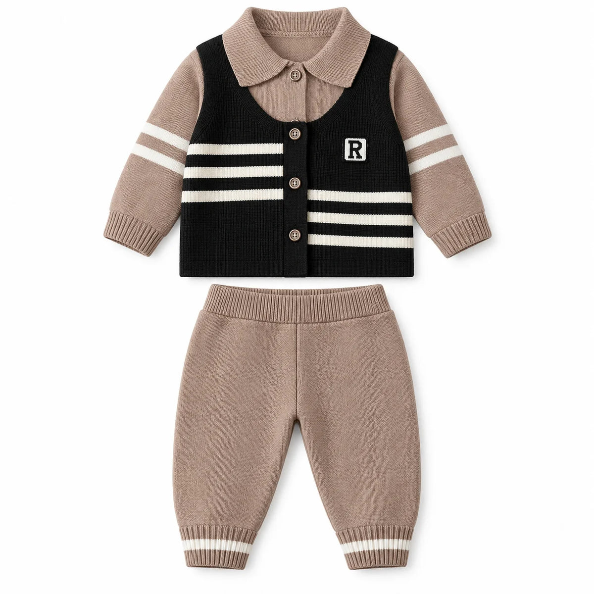 Imported Baby Boy Waistcoat Style Winter Dress in Black and Taupe with Trousers for 6-24 Months