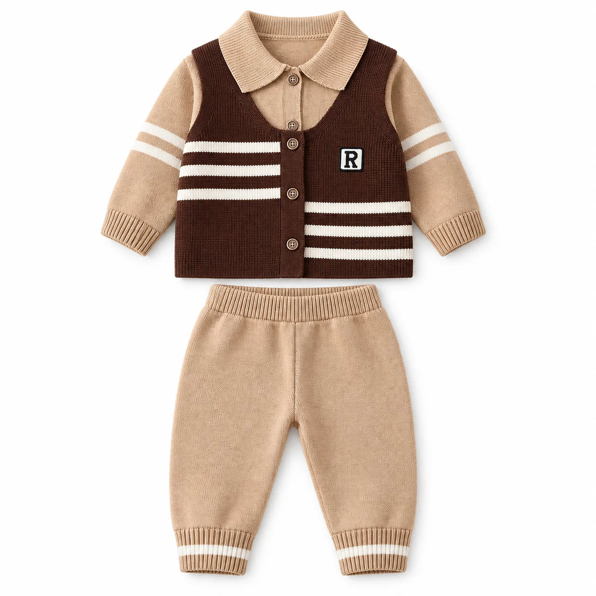 Imported Baby Boy Waistcoat Style Winter Dress in Brown and Beige with Trousers for 6-24 Months