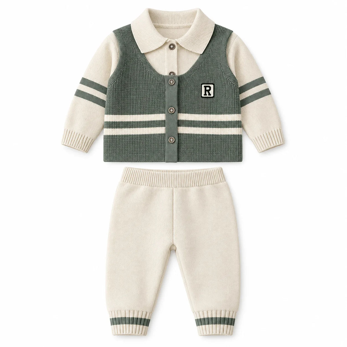 Imported Baby Boy Waistcoat Style Winter Dress in Sage Green and Cream with Trousers for 6-24 Months