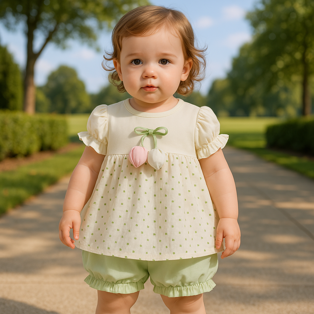 Imported Baby Girl 3D Bow Flower Fly Sleeves Frock Dress with Elastic Nekker Shorts for 6-24 Months