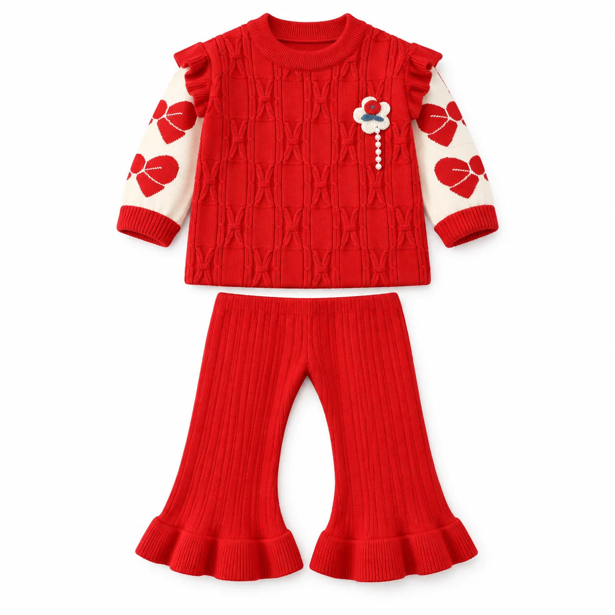 Imported Baby Girl Rabbit Wool Winter Dress in Bright Red with Bell-Bottom Trousers for 6-24 Months