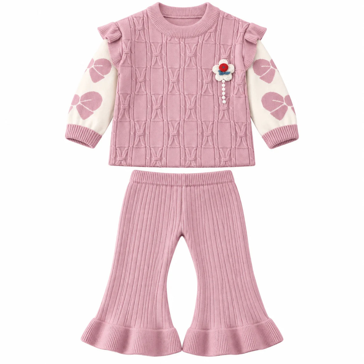 Imported Baby Girl Rabbit Wool Winter Dress in Dusty Mauve with Bell-Bottom Trousers for 6-24 Months