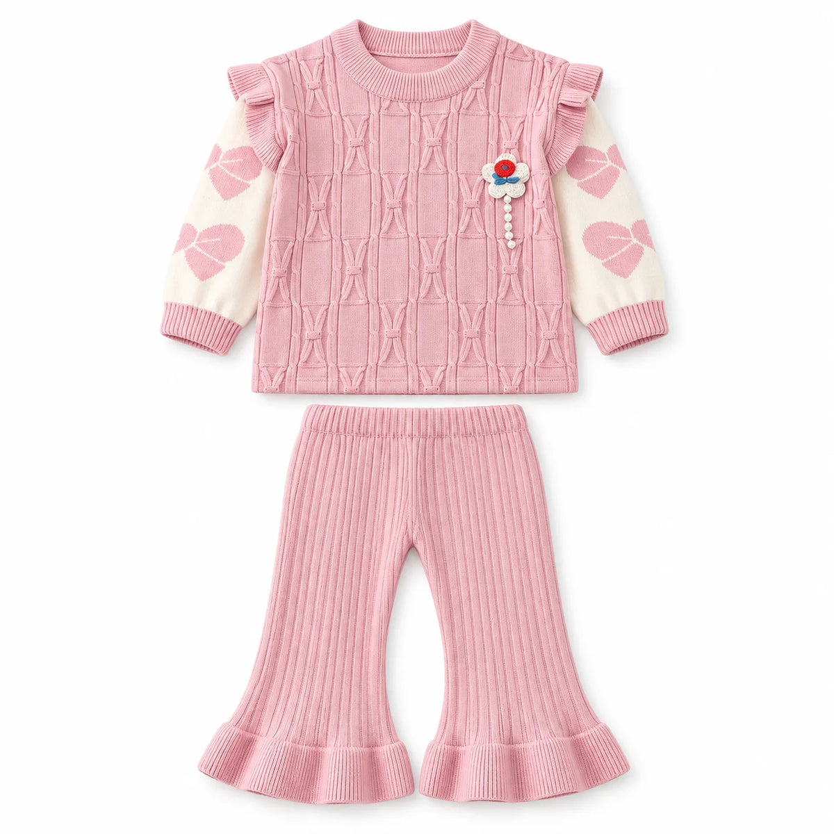 Imported Baby Girl Rabbit Wool Winter Dress in Light Pink with Bell-Bottom Trousers for 6-24 Months