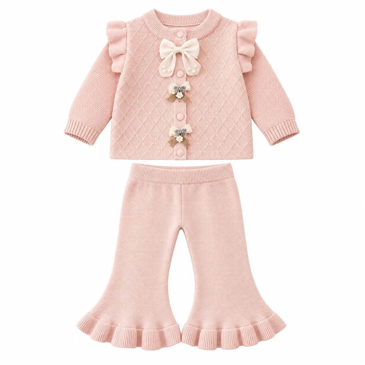 Imported Baby Girl Rabbit Wool Bowtie Winter Dress in Blush Pink with Bell-Bottom Trousers for 3-18 Months