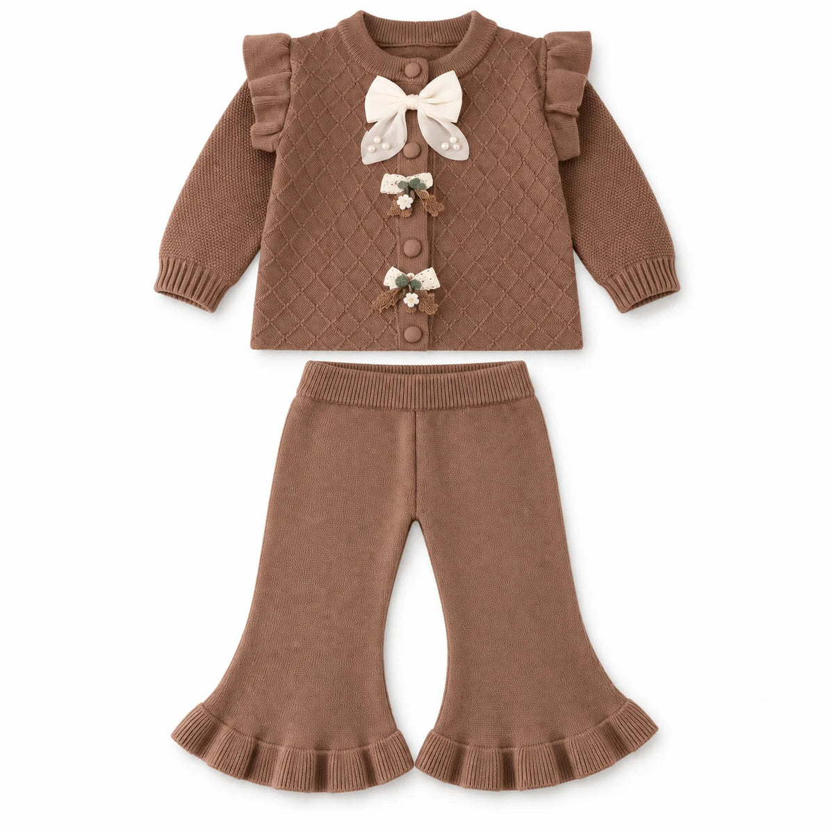 Imported Baby Girl Rabbit Wool Bowtie Winter Dress in Mocha Brown with Bell-Bottom Trousers for 3-18 Months