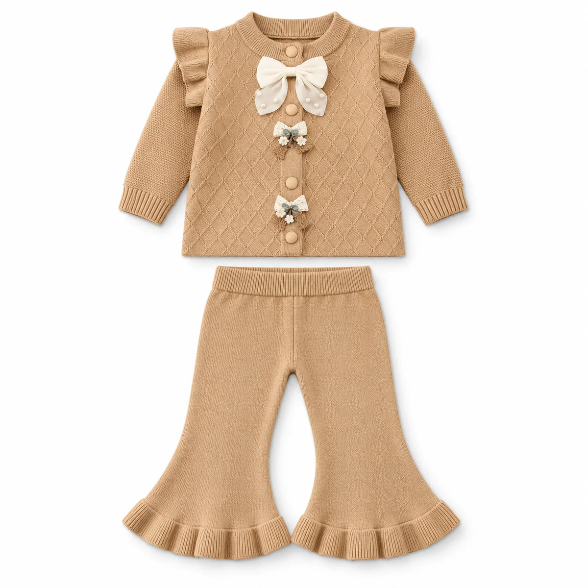 Imported Baby Girl Rabbit Wool Bowtie Winter Dress in Warm Beige with Bell-Bottom Trousers for 3-18 Months