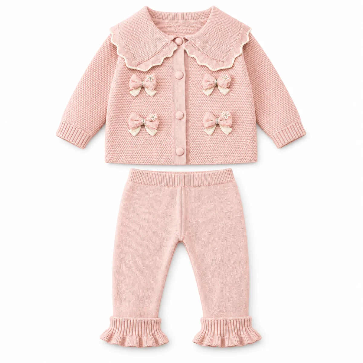 Imported Baby Girl Rabbit Wool Winter Dress in Blush Pink with Collar Bows and Bell Bottom Trousers for 3-18 Months