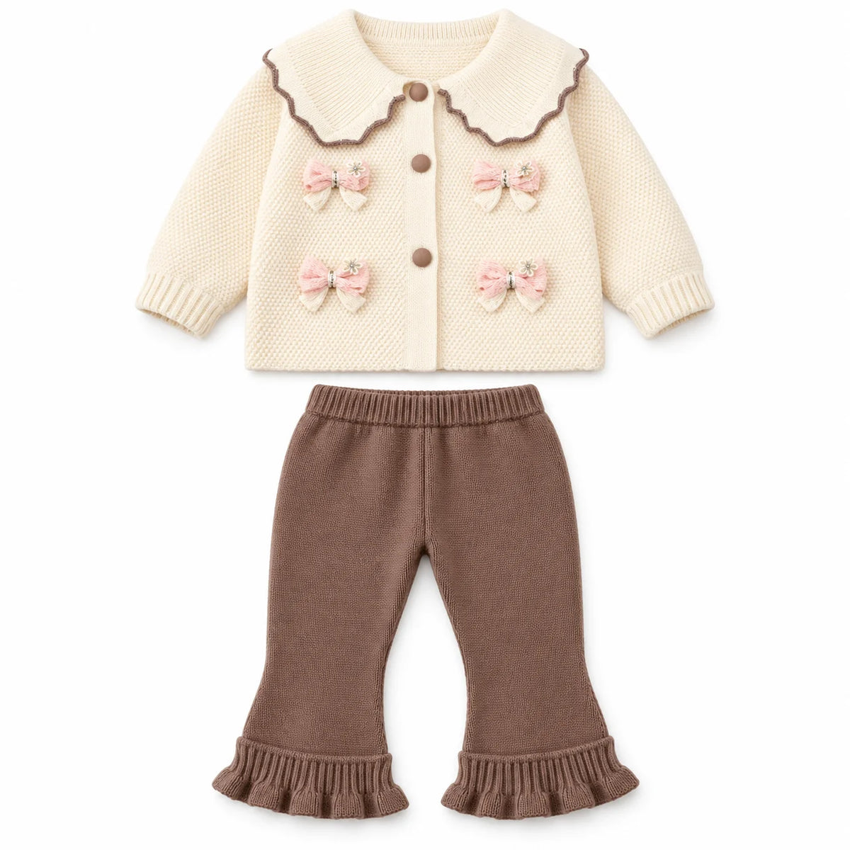 Imported Baby Girl Rabbit Wool Winter Dress in Cream and Mocha with Collar Bows and Bell Bottom Trousers for 3-18 Months
