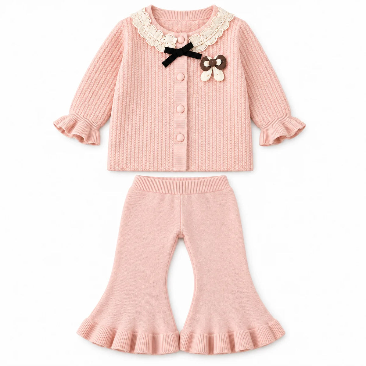 Imported Baby Girl Rabbit Wool Winter Dress in Blush Pink with Net Collar and Bell-Bottom Trousers for 3-18 Months