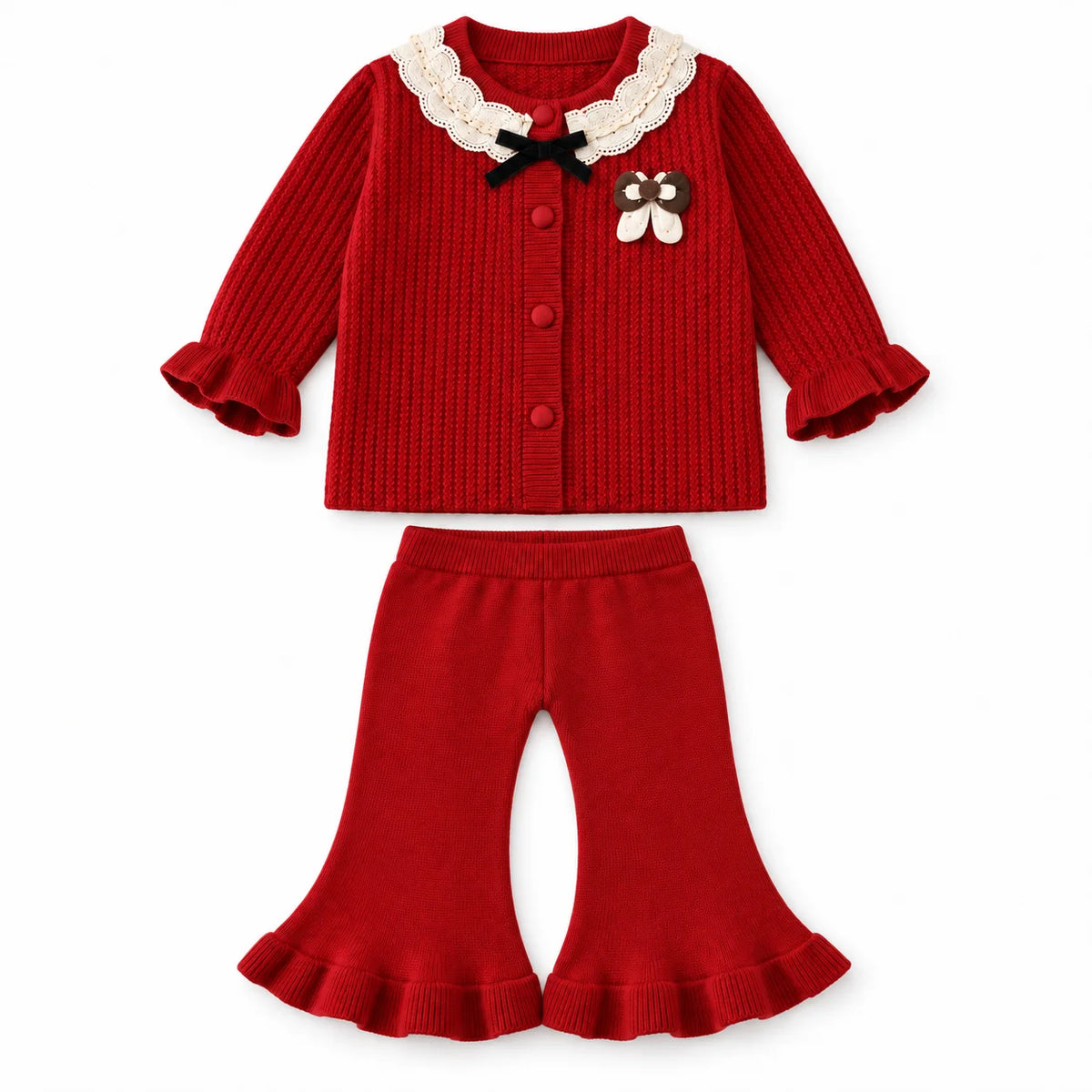Imported Baby Girl Rabbit Wool Winter Dress in Deep Red with Net Collar and Bell-Bottom Trousers for 3-18 Months