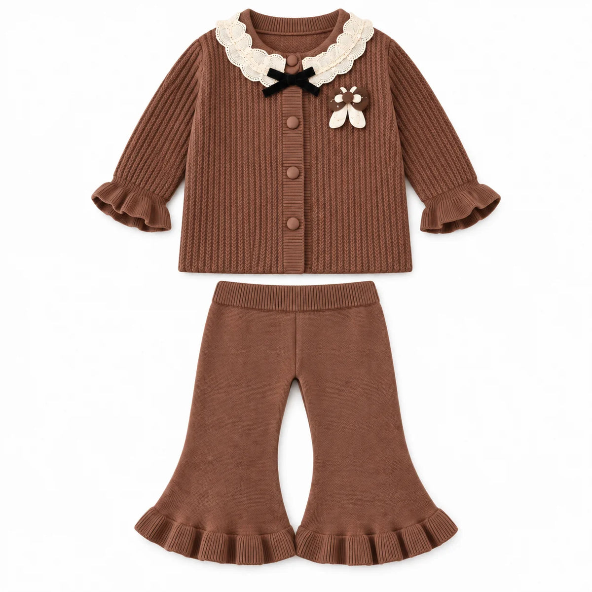Imported Baby Girl Rabbit Wool Winter Dress in Mocha Brown with Net Collar and Bell-Bottom Trousers for 3-18 Months