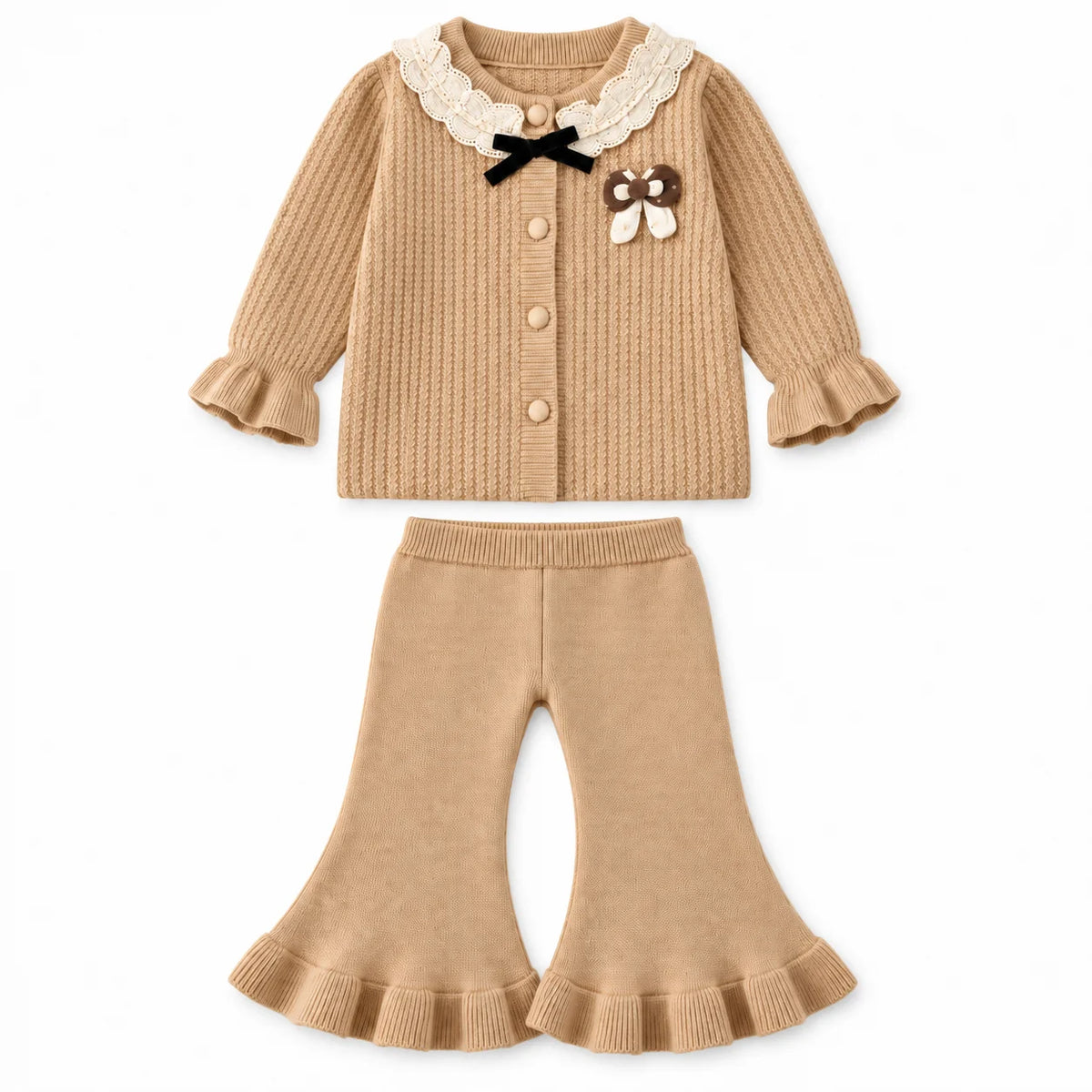 Imported Baby Girl Rabbit Wool Winter Dress in Warm Beige with Net Collar and Bell-Bottom Trousers for 3-18 Months