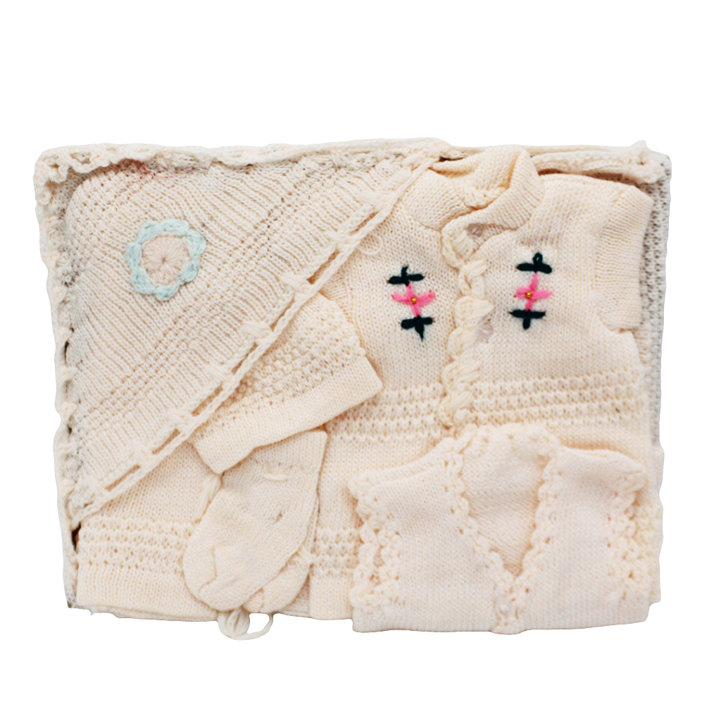 Newborn Baby Winter Sheep Wool Cute Flower Embroidered 6 Pcs Starter Set for 0-3 Months