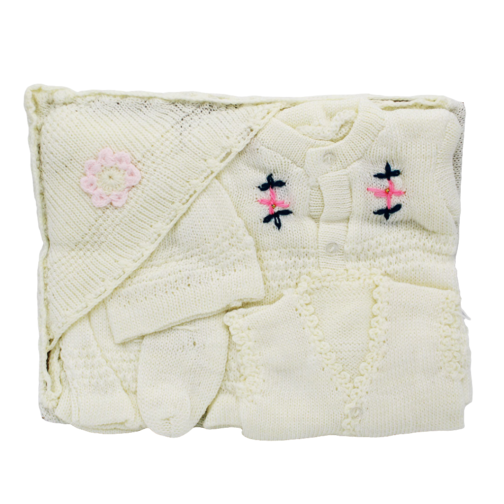 Newborn Baby Winter Sheep Wool Cute Flower Embroidered 6 Pcs Starter Set for 0-3 Months