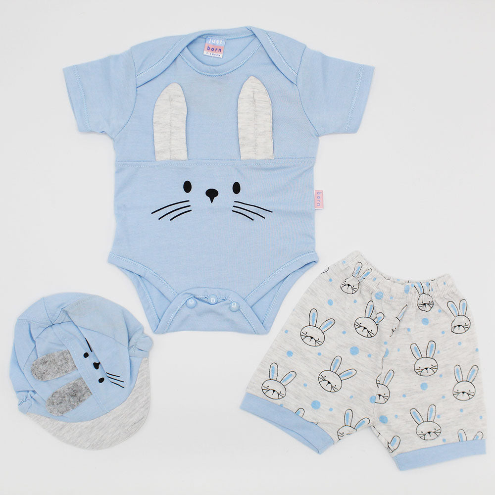 Newborn Baby Cute Bunny Half Sleeves Onesie Dress with Shorts and Bear Cap for 0-3 Months