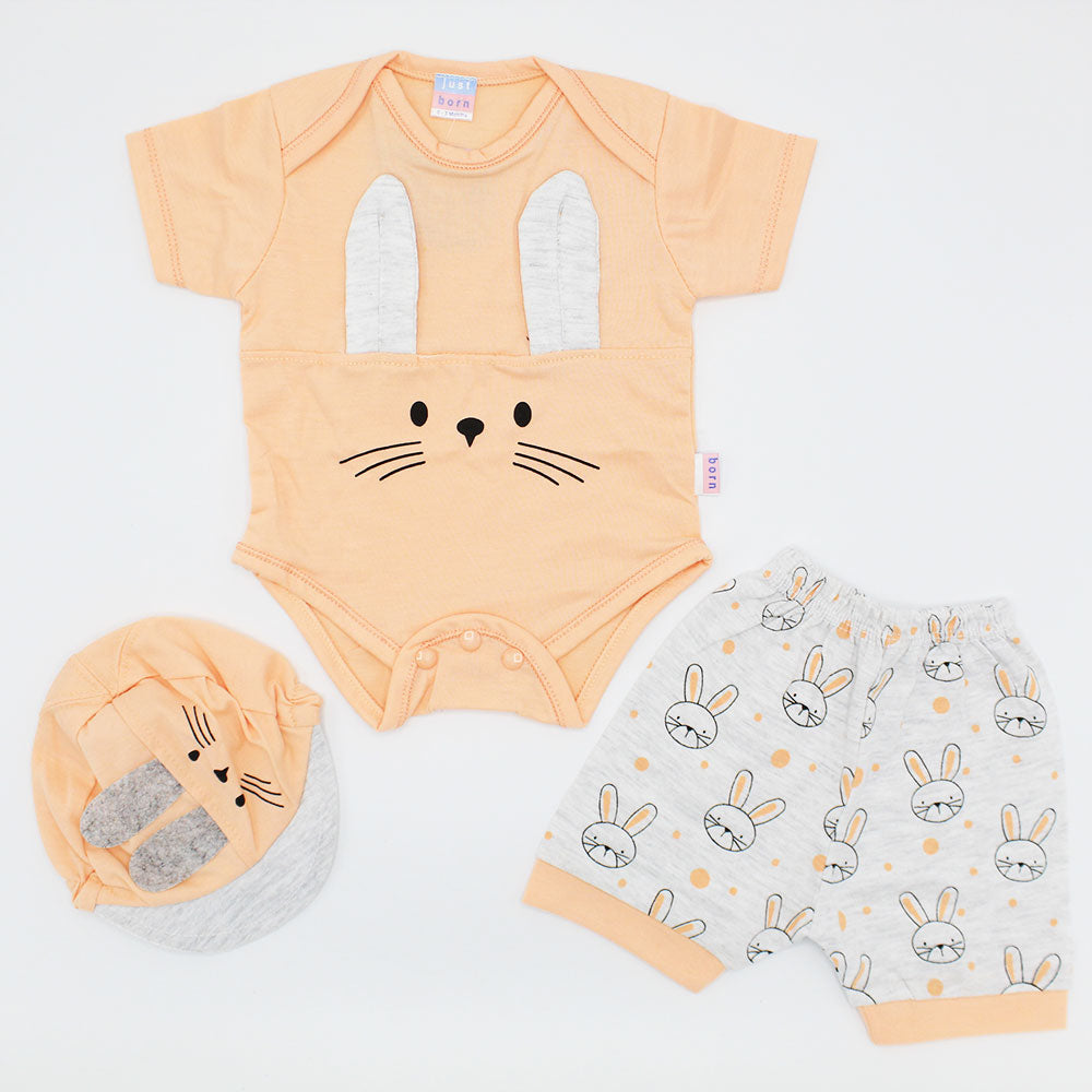 Newborn Baby Cute Bunny Half Sleeves Onesie Dress with Shorts and Bear Cap for 0-3 Months