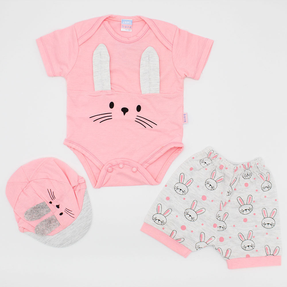 Newborn Baby Cute Bunny Half Sleeves Onesie Dress with Shorts and Bear Cap for 0-3 Months