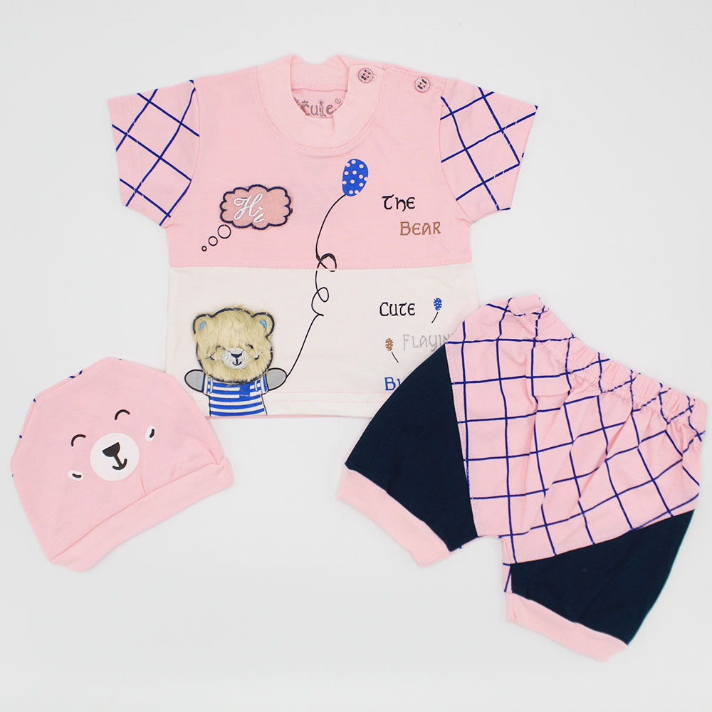 Newborn Baby Cute 3D Bear Half Sleeves Dress with Shorts and Bear Cap for 0-3 Months