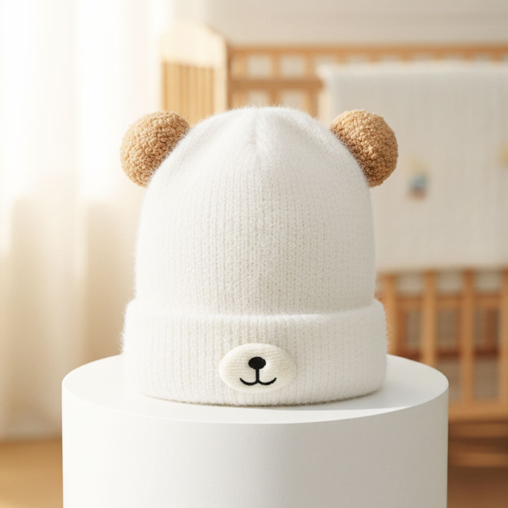 Imported Baby 3D Bear Pom Winter Cap | Soft Rabbit Wool Hat for 0–3 Years